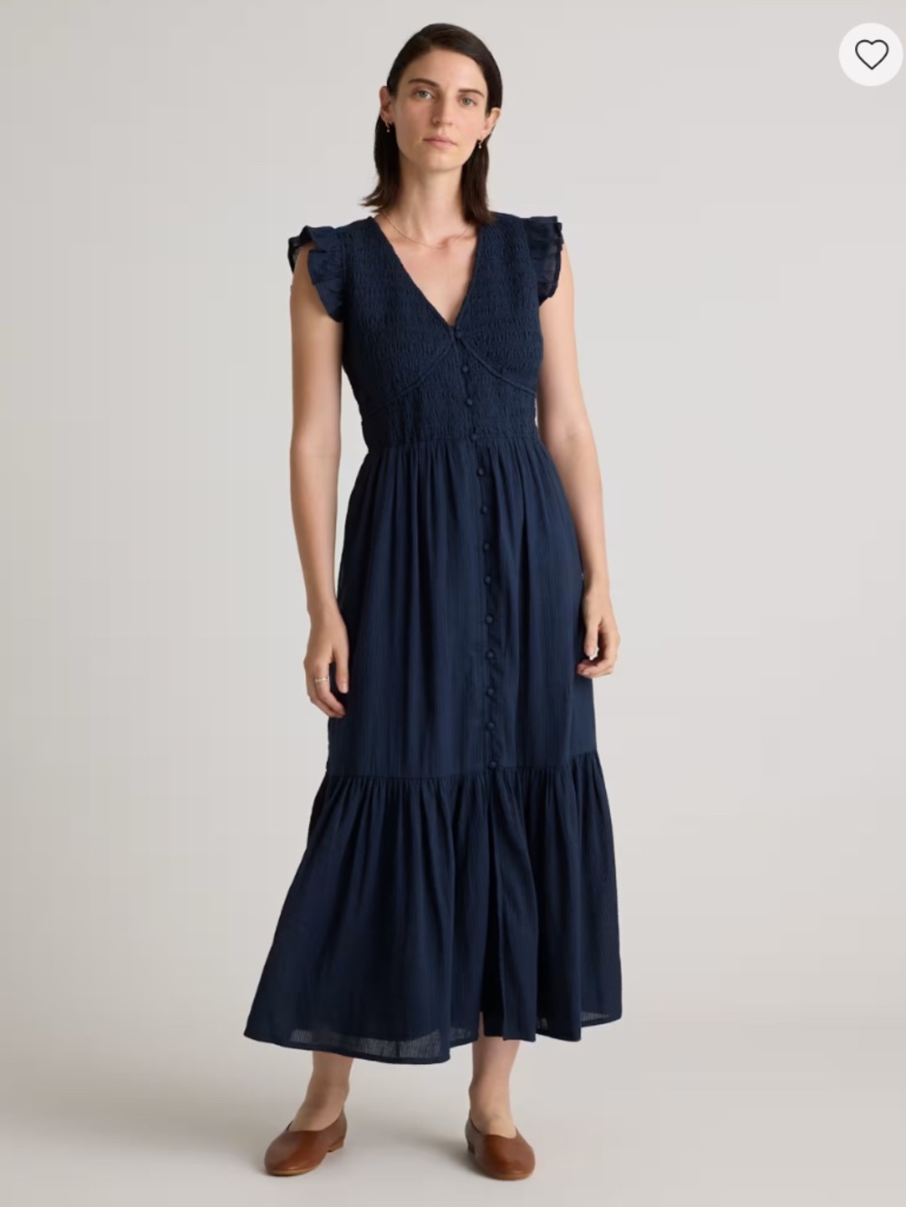 Quince navy work dress Organic Textured Cotton Smocked V-Neck Midi Dress